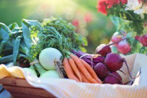 A basket of fresh vegetables including onions, carrots, and beets sitting outside in the sun. 