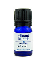 A Vibrant Blue Oils bottle of Adrenal essential oil in a small blue glass bottle with a black screw top.