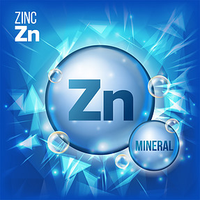 A blue circular shape on a blue background with the letters Z - N inside to represent the zinc mineral, "zinc" written in the top left corner, and another circular symbol at the bottom right corner with the word mineral inside. 