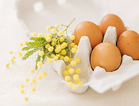 4 brown eggs in a carton with yellow flower buds next to it.