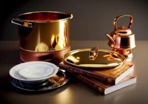 A copper pot, copper tea kettle, 2 plates, and 2 books placed together. 