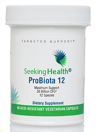 A bottle of Seeking Health Probiota 12 probiotic supplement.