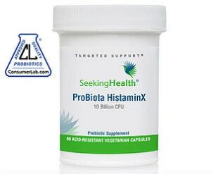 A bottle of Seeking Health ProBiota HistaminX probiotic supplement.