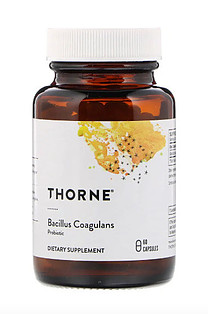 A bottle of Thorne Bacillus Coagulans probiotic supplement.