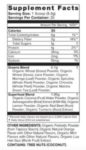 The supplement facts label for Organific Green Juice powder. 