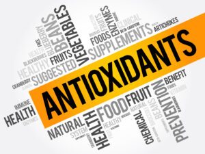 A collection of words related to antioxidants such as supplmenets, health, and vegetables. 