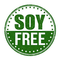 A circular logo that says soy free.
