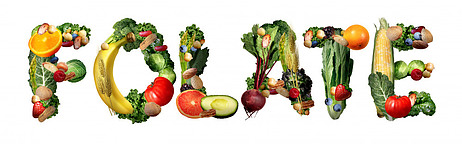 Fruits, vegetables, and leafy greens that are shaped into the word folate.