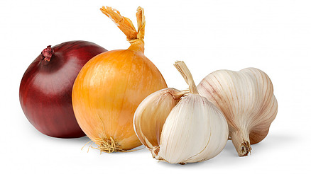 A red and white onion with 2 garlic bulbs.