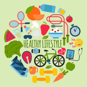 A cartoon of elements that go into a healthy lifestyle. 
